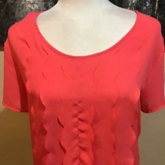 New York & Company Ruffled Front Coral Colored Short Sleeved Mixed Fabric Top-L - Picture 5 of 6